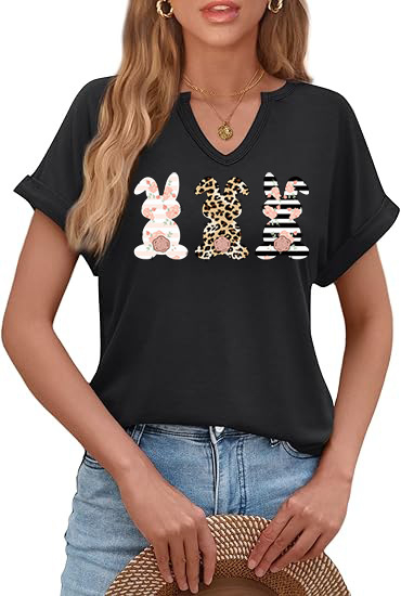 Amazon Easter SRETAN USKRS Nova ženska majica kratkih rukava s V-izrezom, rol rukavima i printom zečjeg jajeta