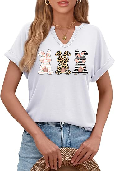Amazon Easter SRETAN USKRS Nova ženska majica kratkih rukava s V-izrezom, rol rukavima i printom zečjeg jajeta