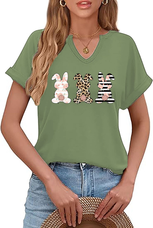 Amazon Easter SRETAN USKRS Nova ženska majica kratkih rukava s V-izrezom, rol rukavima i printom zečjeg jajeta