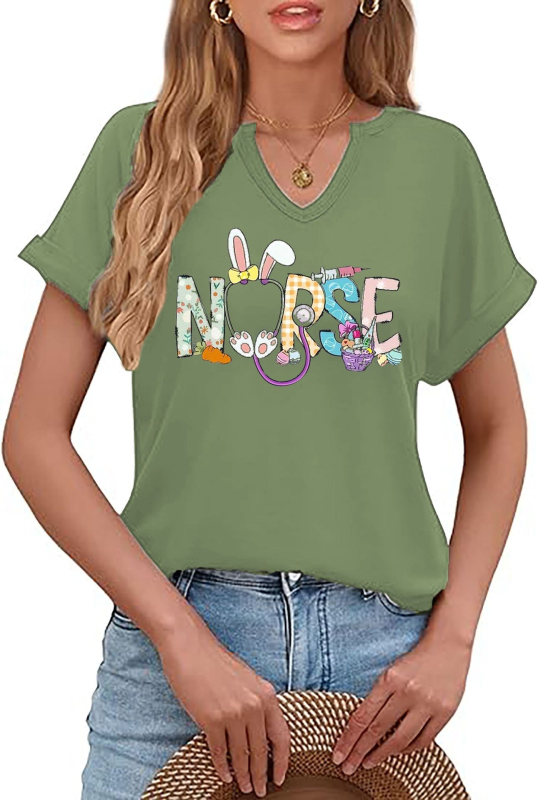 Amazon Easter SRETAN USKRS Nova ženska majica kratkih rukava s V-izrezom, rol rukavima i printom zečjeg jajeta