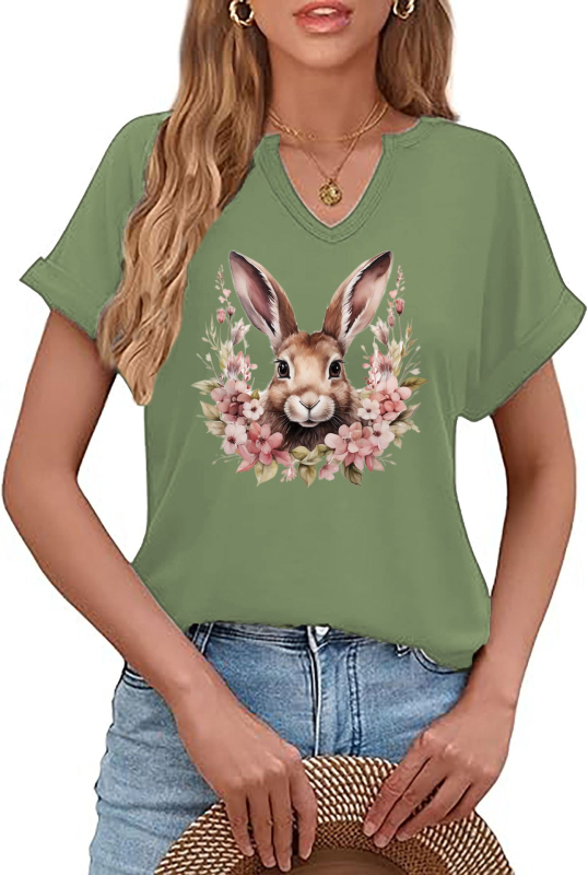 Amazon Easter SRETAN USKRS Nova ženska majica kratkih rukava s V-izrezom, rol rukavima i printom zečjeg jajeta