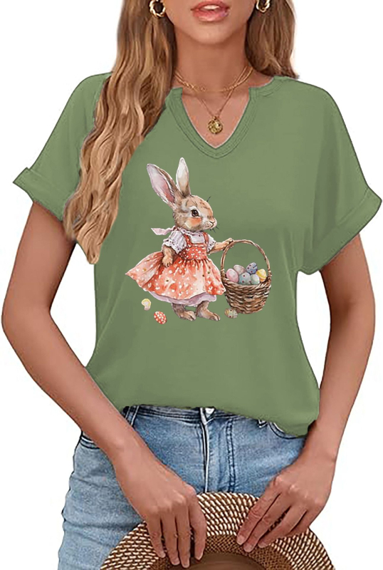 Amazon Easter SRETAN USKRS Nova ženska majica kratkih rukava s V-izrezom, rol rukavima i printom zečjeg jajeta