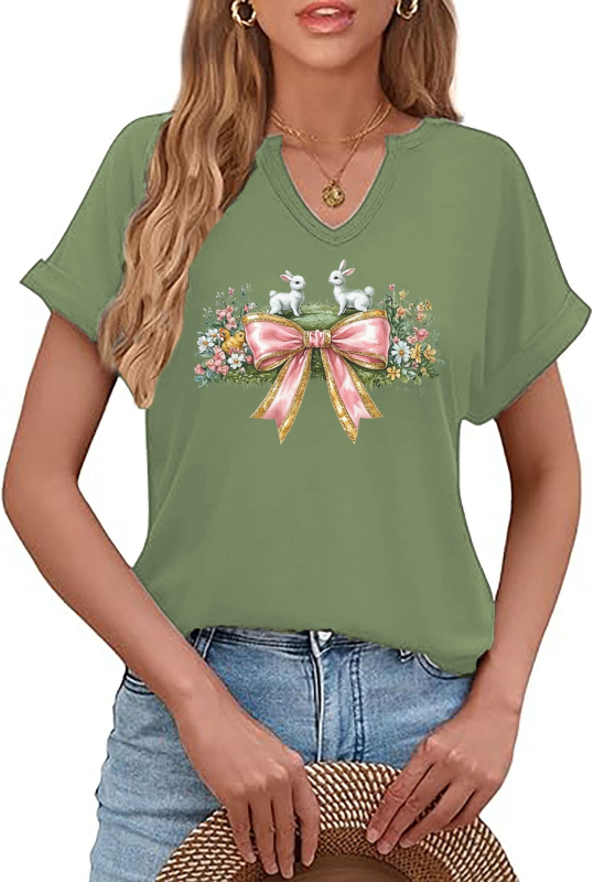 Amazon Easter SRETAN USKRS Nova ženska majica kratkih rukava s V-izrezom, rol rukavima i printom zečjeg jajeta