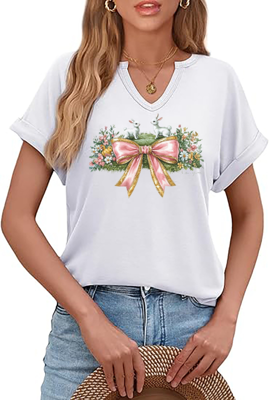 Amazon Easter SRETAN USKRS Nova ženska majica kratkih rukava s V-izrezom, rol rukavima i printom zečjeg jajeta