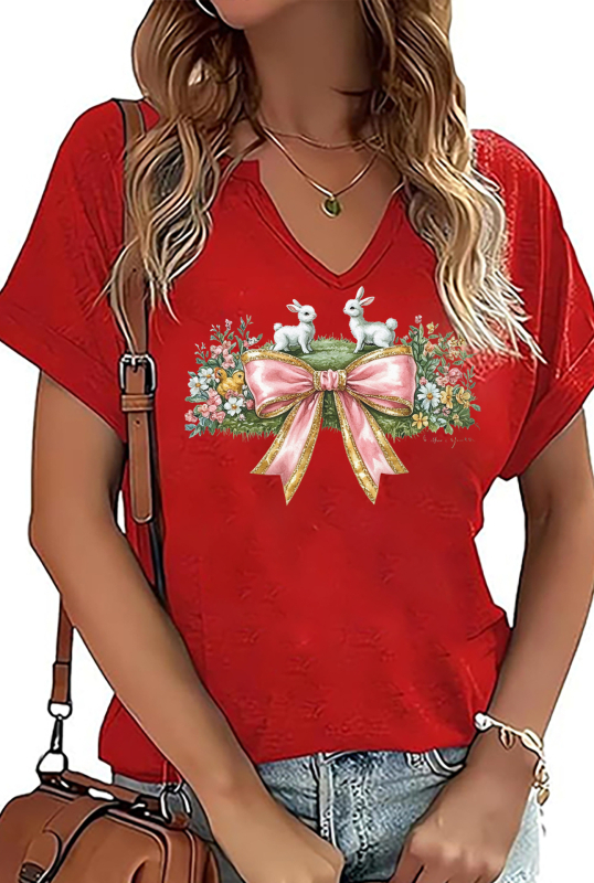 Amazon Easter SRETAN USKRS Nova ženska majica kratkih rukava s V-izrezom, rol rukavima i printom zečjeg jajeta