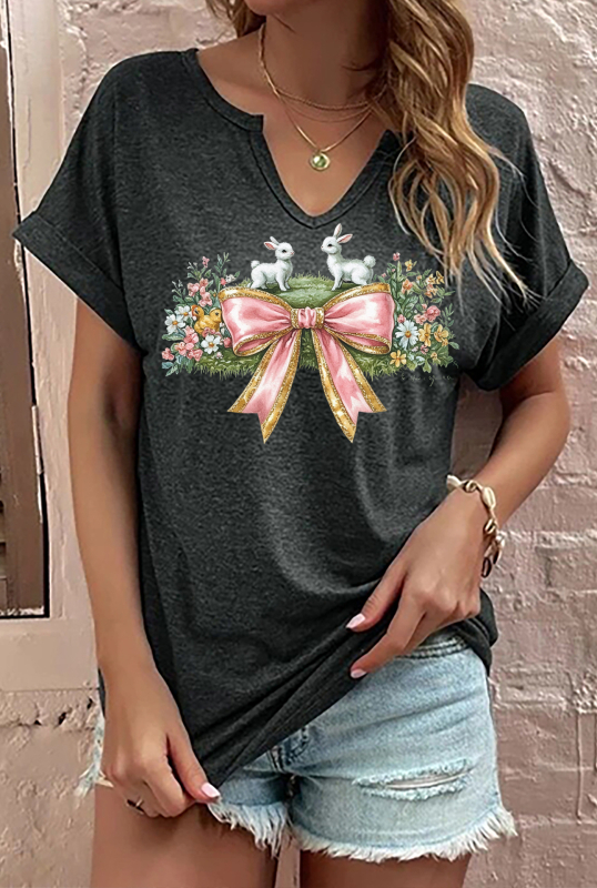 Amazon Easter SRETAN USKRS Nova ženska majica kratkih rukava s V-izrezom, rol rukavima i printom zečjeg jajeta