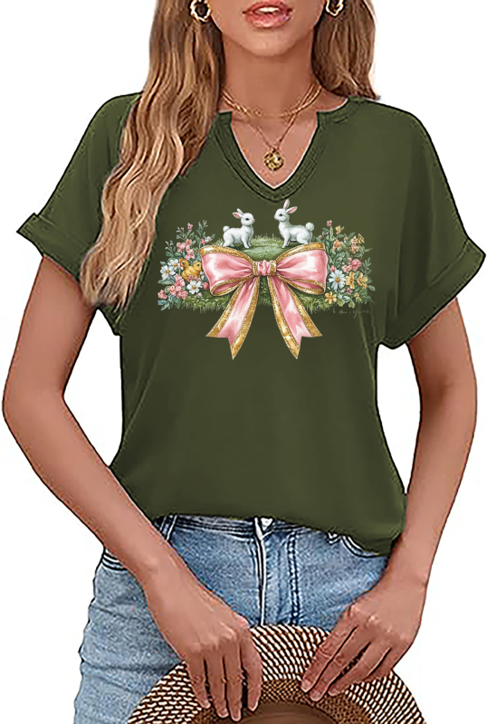 Amazon Easter SRETAN USKRS Nova ženska majica kratkih rukava s V-izrezom, rol rukavima i printom zečjeg jajeta
