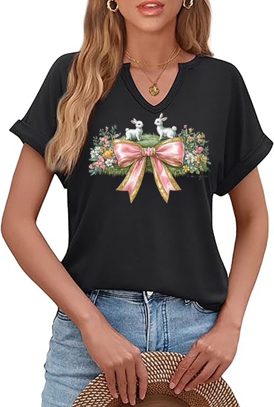 Amazon Easter SRETAN USKRS Nova ženska majica kratkih rukava s V-izrezom, rol rukavima i printom zečjeg jajeta