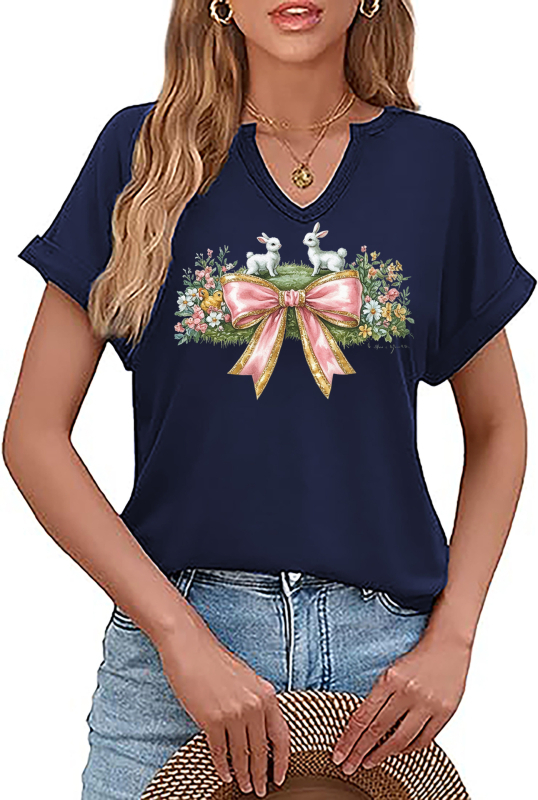 Amazon Easter SRETAN USKRS Nova ženska majica kratkih rukava s V-izrezom, rol rukavima i printom zečjeg jajeta
