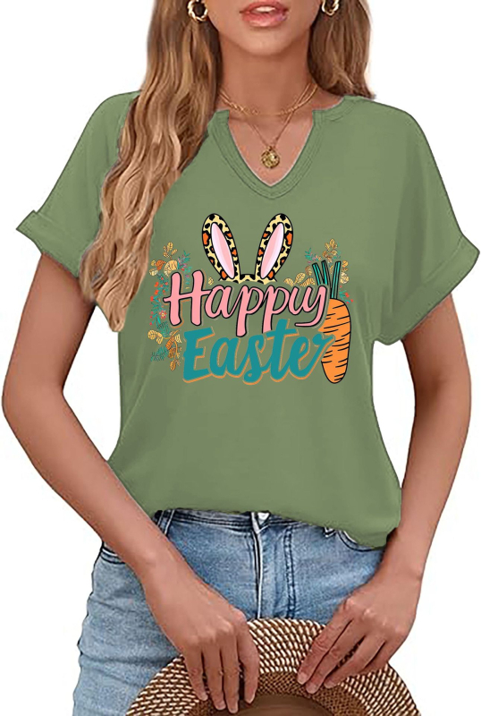 Amazon Easter SRETAN USKRS Nova ženska majica kratkih rukava s V-izrezom, rol rukavima i printom zečjeg jajeta