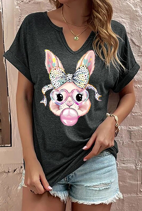 Amazon Easter SRETAN USKRS Nova ženska majica kratkih rukava s V-izrezom, rol rukavima i printom zečjeg jajeta