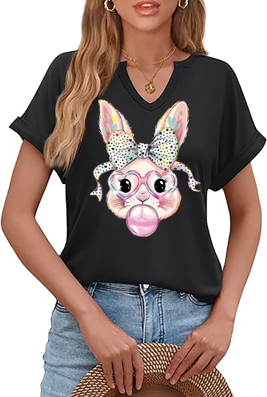 Amazon Easter SRETAN USKRS Nova ženska majica kratkih rukava s V-izrezom, rol rukavima i printom zečjeg jajeta