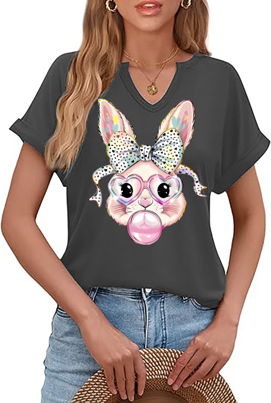 Amazon Easter SRETAN USKRS Nova ženska majica kratkih rukava s V-izrezom, rol rukavima i printom zečjeg jajeta