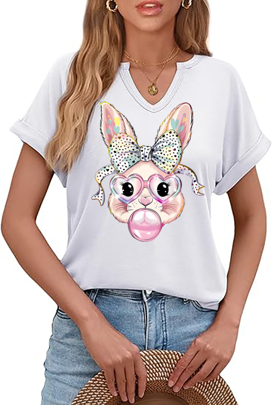 Amazon Easter SRETAN USKRS Nova ženska majica kratkih rukava s V-izrezom, rol rukavima i printom zečjeg jajeta