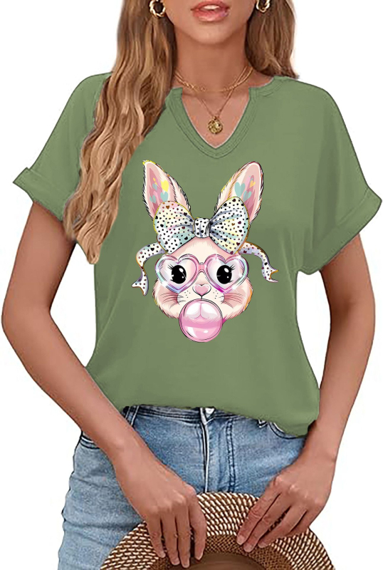 Amazon Easter SRETAN USKRS Nova ženska majica kratkih rukava s V-izrezom, rol rukavima i printom zečjeg jajeta