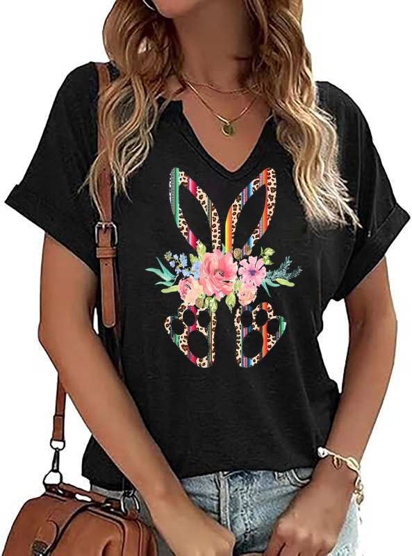 Amazon Easter SRETAN USKRS Nova ženska majica kratkih rukava s V-izrezom, rol rukavima i printom zečjeg jajeta