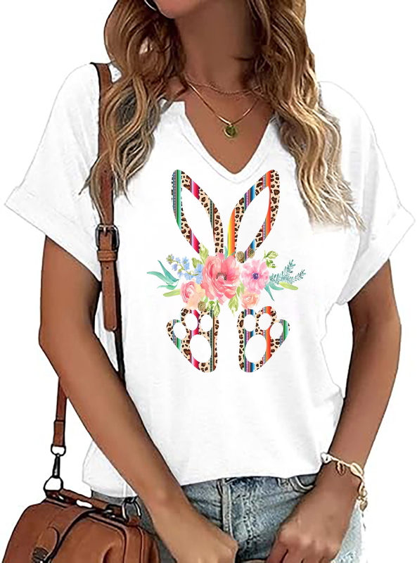 Amazon Easter SRETAN USKRS Nova ženska majica kratkih rukava s V-izrezom, rol rukavima i printom zečjeg jajeta