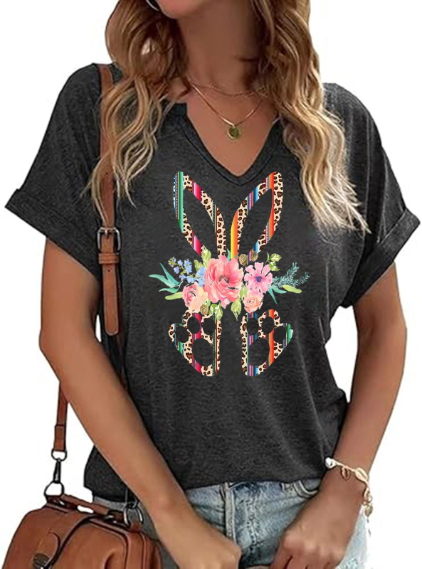 Amazon Easter SRETAN USKRS Nova ženska majica kratkih rukava s V-izrezom, rol rukavima i printom zečjeg jajeta