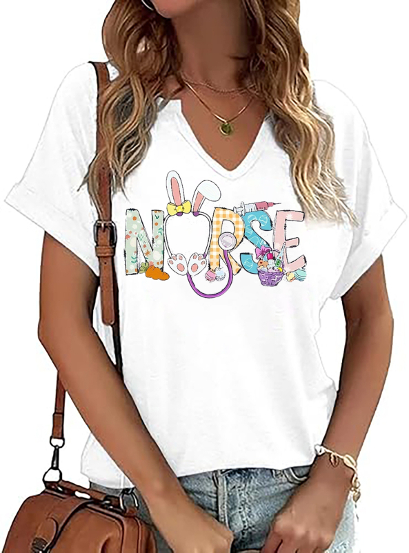 Amazon Easter SRETAN USKRS Nova ženska majica kratkih rukava s V-izrezom, rol rukavima i printom zečjeg jajeta