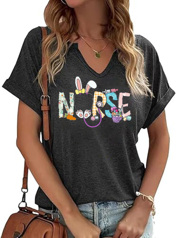 Amazon Easter SRETAN USKRS Nova ženska majica kratkih rukava s V-izrezom, rol rukavima i printom zečjeg jajeta