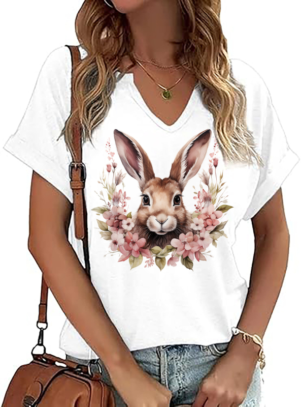 Amazon Easter SRETAN USKRS Nova ženska majica kratkih rukava s V-izrezom, rol rukavima i printom zečjeg jajeta