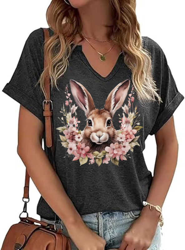 Amazon Easter SRETAN USKRS Nova ženska majica kratkih rukava s V-izrezom, rol rukavima i printom zečjeg jajeta