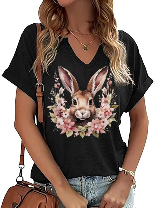 Amazon Easter SRETAN USKRS Nova ženska majica kratkih rukava s V-izrezom, rol rukavima i printom zečjeg jajeta