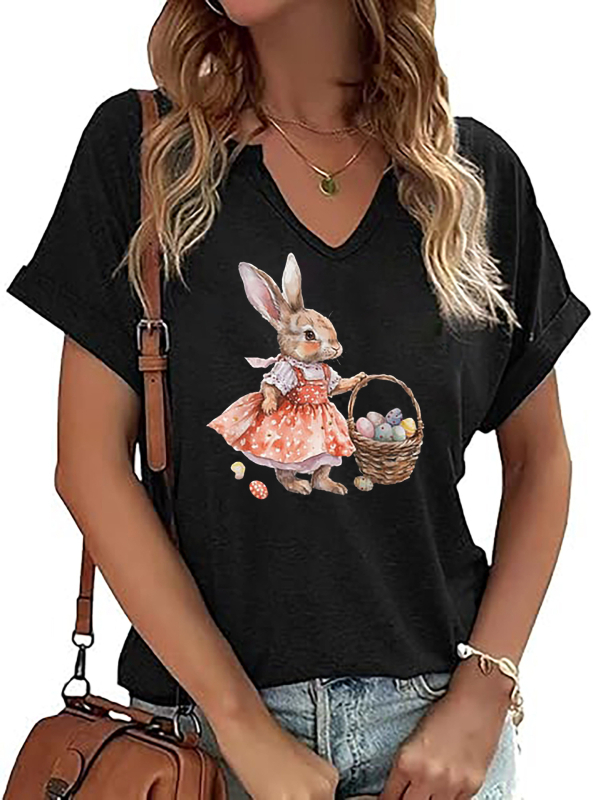 Amazon Easter SRETAN USKRS Nova ženska majica kratkih rukava s V-izrezom, rol rukavima i printom zečjeg jajeta