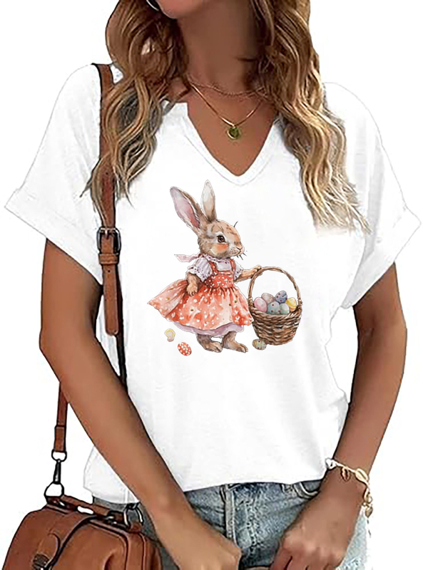 Amazon Easter SRETAN USKRS Nova ženska majica kratkih rukava s V-izrezom, rol rukavima i printom zečjeg jajeta