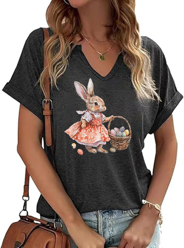Amazon Easter SRETAN USKRS Nova ženska majica kratkih rukava s V-izrezom, rol rukavima i printom zečjeg jajeta