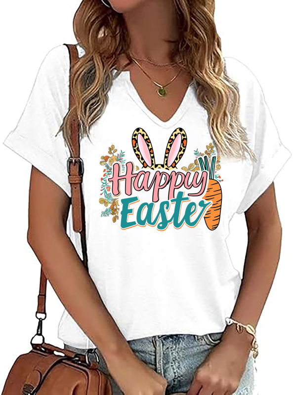 Amazon Easter SRETAN USKRS Nova ženska majica kratkih rukava s V-izrezom, rol rukavima i printom zečjeg jajeta