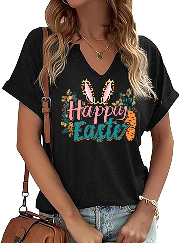 Amazon Easter SRETAN USKRS Nova ženska majica kratkih rukava s V-izrezom, rol rukavima i printom zečjeg jajeta