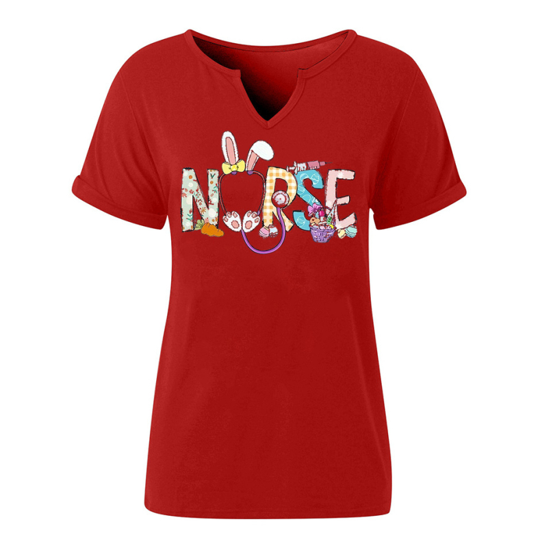 Amazon Easter SRETAN USKRS Nova ženska majica kratkih rukava s V-izrezom, rol rukavima i printom zečjeg jajeta