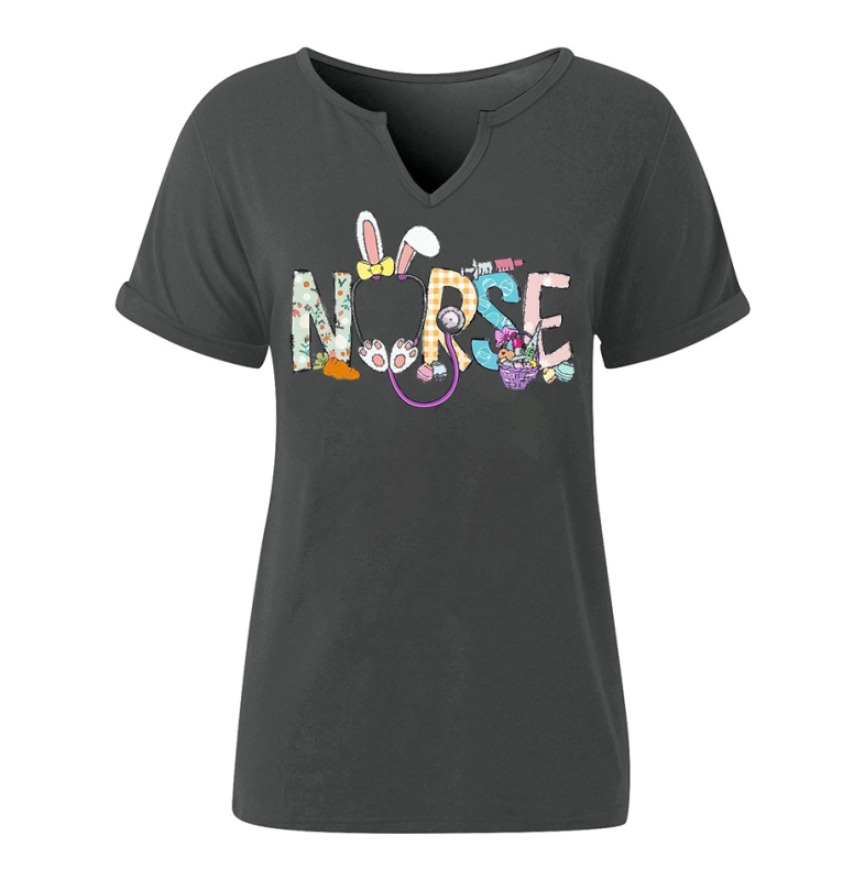 Amazon Easter SRETAN USKRS Nova ženska majica kratkih rukava s V-izrezom, rol rukavima i printom zečjeg jajeta