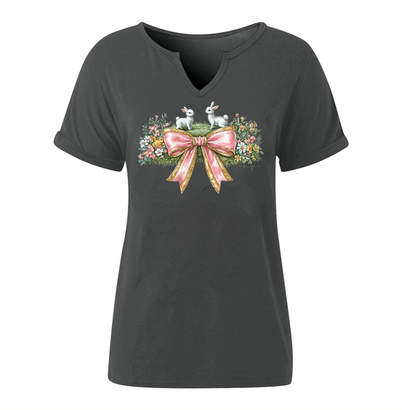 Amazon Easter SRETAN USKRS Nova ženska majica kratkih rukava s V-izrezom, rol rukavima i printom zečjeg jajeta