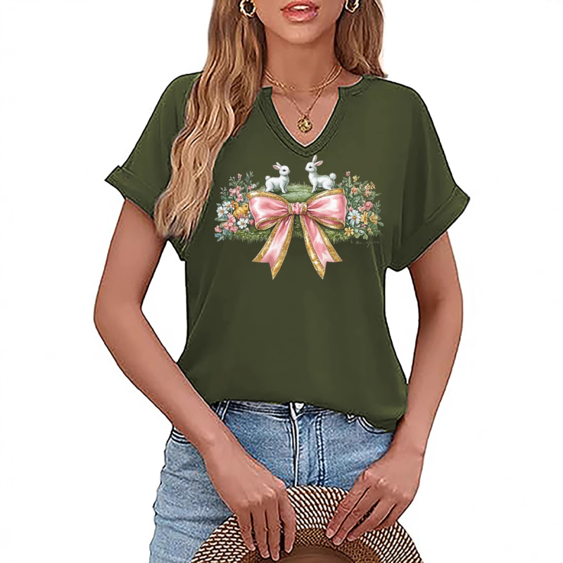 Amazon Easter SRETAN USKRS Nova ženska majica kratkih rukava s V-izrezom, rol rukavima i printom zečjeg jajeta