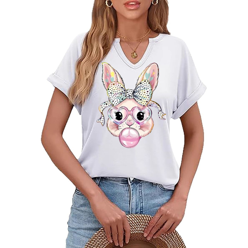 Amazon Easter SRETAN USKRS Nova ženska majica kratkih rukava s V-izrezom, rol rukavima i printom zečjeg jajeta