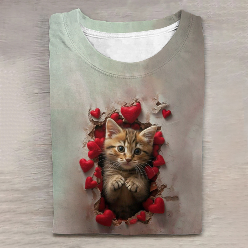 Top de primăvară 2025, nou, de vânzare cu amănuntul, cu imprimeu digital cu animale drăguțe, mânecă lungă și guler rotund, disponibil în magazinul online D