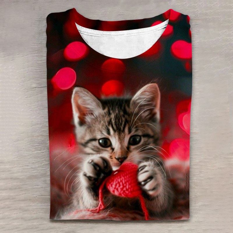 Top de primăvară 2025, nou, de vânzare cu amănuntul, cu imprimeu digital cu animale drăguțe, mânecă lungă și guler rotund, disponibil în magazinul online D