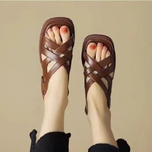 Sandale de damă cu toc gros, din piele moale, cu vârful deschis, țesute, model retro francez, de vară, noi, pre-vânzare