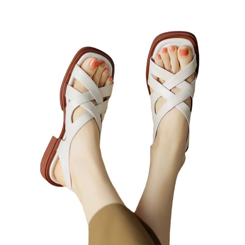 Sandale de damă cu toc gros, din piele moale, cu vârful deschis, țesute, model retro francez, de vară, noi, pre-vânzare