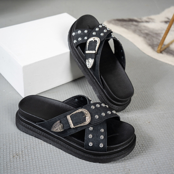 Sandale de plajă pentru femei cu cataramă groasă și cruce, în comerț exterior, de vară, cu pedală, la modă, cu gură de pește, Europa și Statele Unite, plus mărime, en-gros