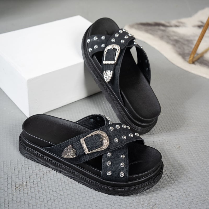 Sandale de plajă pentru femei cu cataramă groasă și cruce, în comerț exterior, de vară, cu pedală, la modă, cu gură de pește, Europa și Statele Unite, plus mărime, en-gros