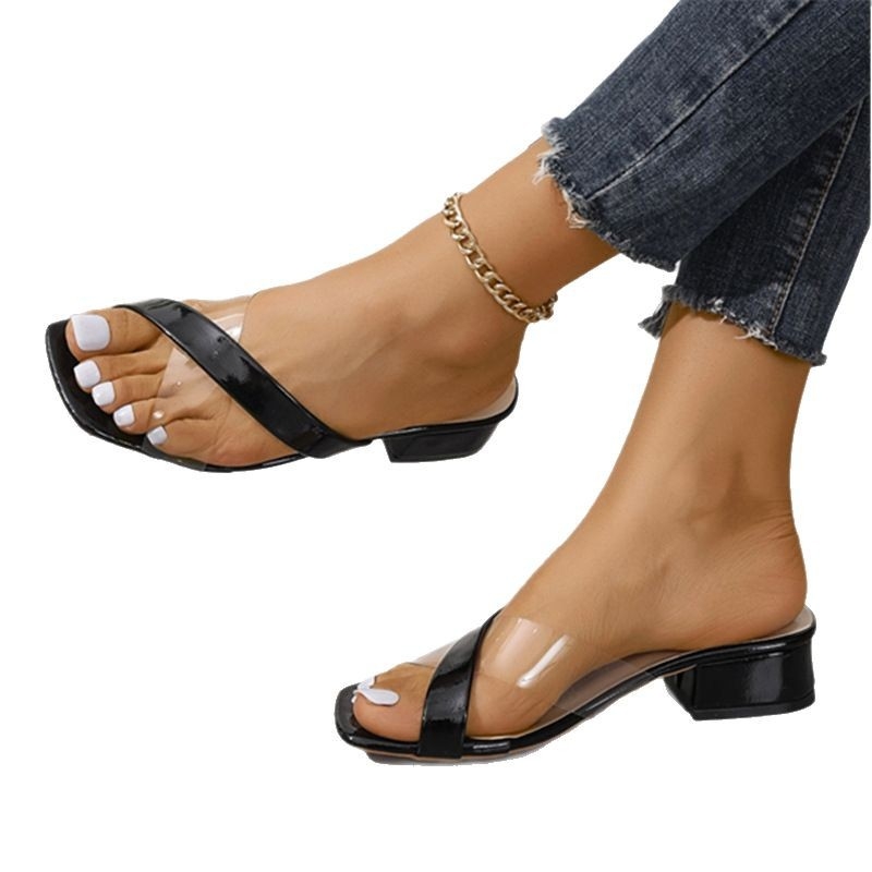 Papuci transfrontalieri de mărime plus pentru femei, vara 2025, noi papuci transparenți cu toc gros și vârf deschis european și american, în stoc, en-gros