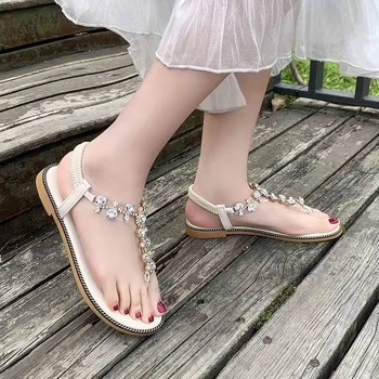 Γυναικεία Σανδάλια με Κλιπς στα Δάχτυλα, Καλοκαιρινά, Φλατ 2022, Νέα Κορεάτικα Σανδάλια Ρωμαϊκού Στυλ, Φλατ Τακούνι, Μποέμ Παπούτσια Παραλίας με Στρας