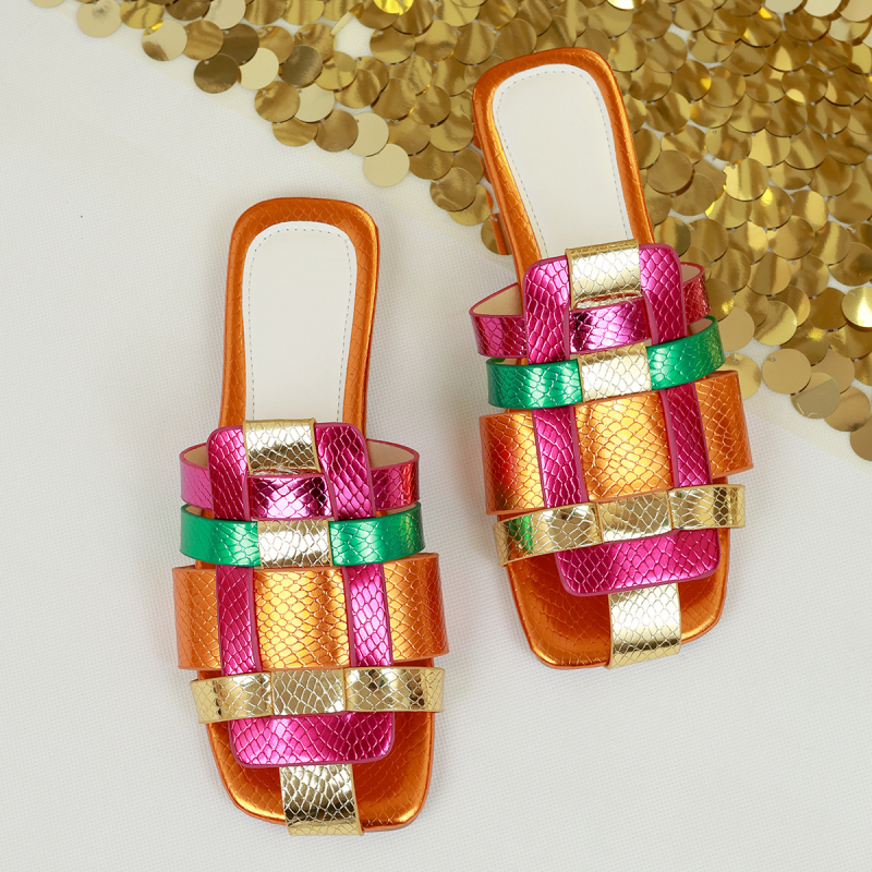 Dámske papuče Baotou Half Slippers, letné nové európske a americké ploché papuče z roku 2024, farebne zladené, s mäkkým spodným dielom, štvorcové papuče