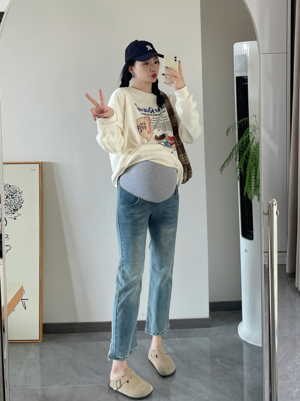 Maži nėščiųjų džinsai 2024 m. pavasariui, naujos mados tiesios nugaros skeltukai, liekninančios, universalios, pilvuką prilaikančios, trumpintos kelnės.