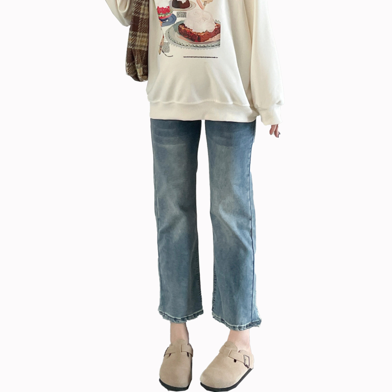 Maži nėščiųjų džinsai 2024 m. pavasariui, naujos mados tiesios nugaros skeltukai, liekninančios, universalios, pilvuką prilaikančios, trumpintos kelnės.