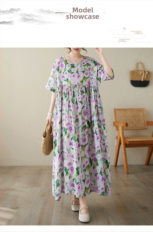 Višebojna raznolikost književnih retro pulovera kratkih rukava, haljine za inozemnu trgovinu, ljetna 2024., široka, plus size, suknja A-kroja za žene