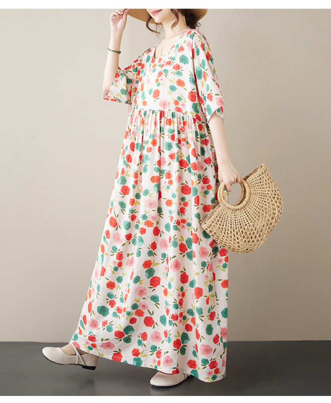 Višebojna raznolikost književnih retro pulovera kratkih rukava, haljine za inozemnu trgovinu, ljetna 2024., široka, plus size, suknja A-kroja za žene